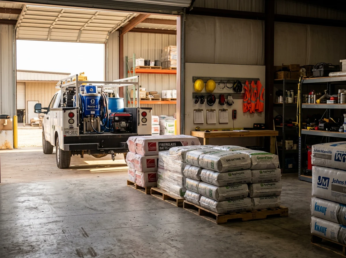 Professional insulation crew with spray foam equipment and materials ready for installation work.