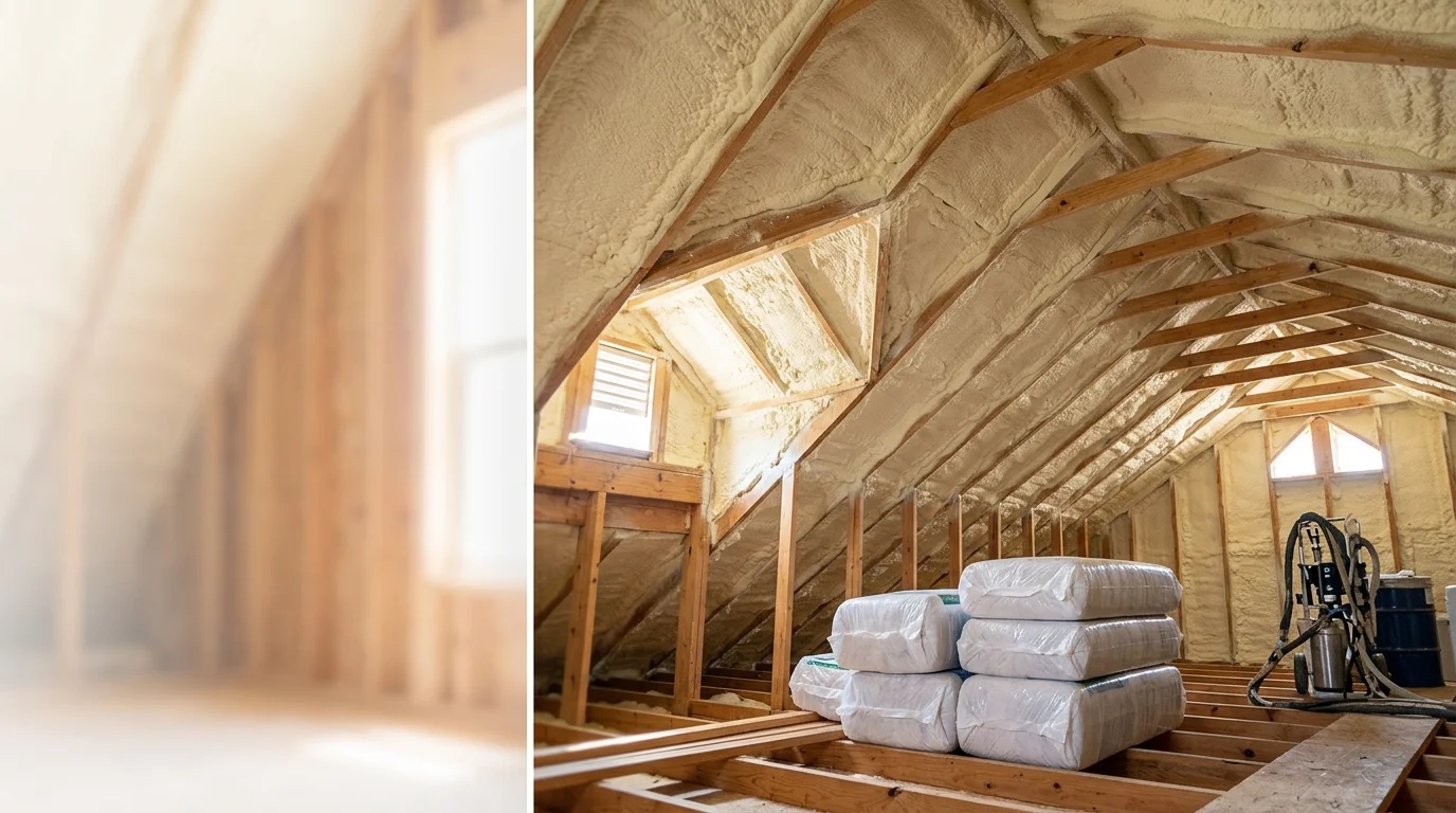 Insulation contractor installing spray foam insulation in a residential attic in San Antonio