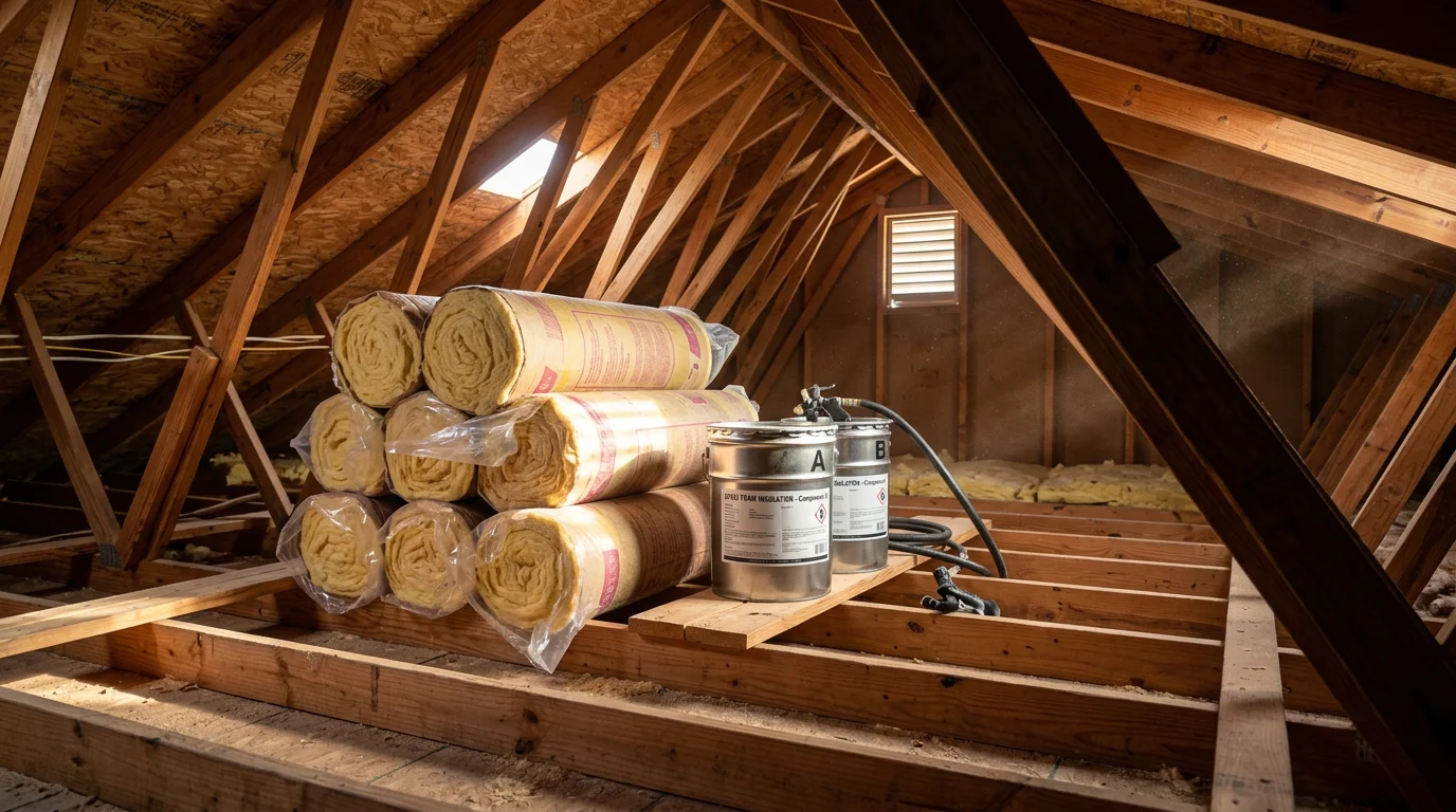 Insulation materials including spray foam canisters and fiberglass batts displayed for sale