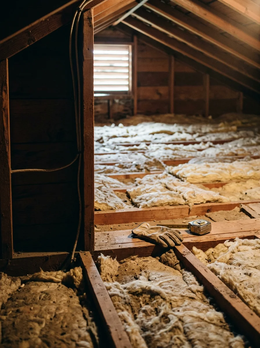 Attic of a 1950s Austin bungalow showing thin, settled original insulation on the attic floor before blow-in insulation upgrade.