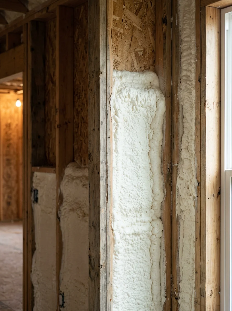 Spray foam insulation applied to the interior wall cavities of a rural custom home on acreage near Castroville, Texas, with irregular framing and open stud bays visible.