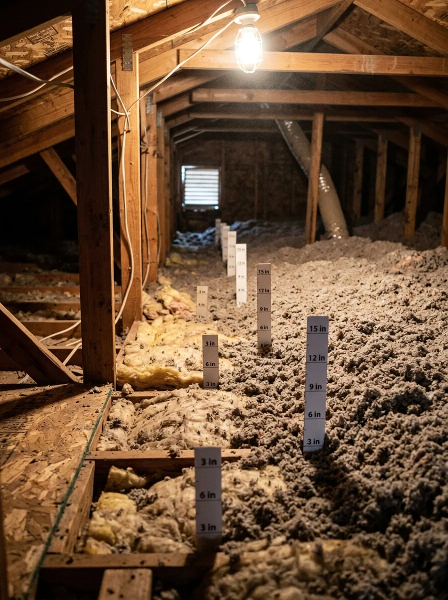 Blow-in insulation being applied over existing compressed batts in a Converse suburban home attic, with depth markers placed across the attic floor to verify coverage.