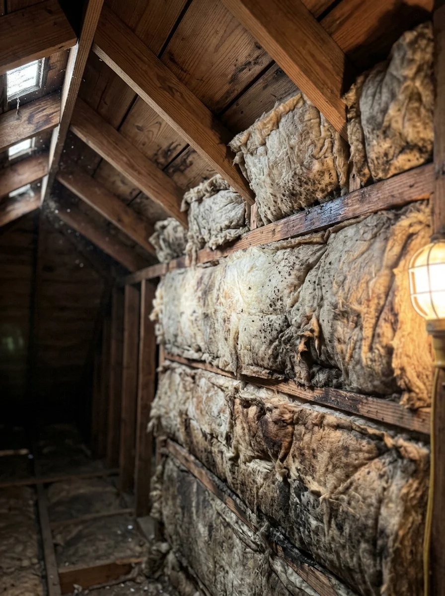 Removed old fiberglass batt insulation showing moisture damage and matting in a Corpus Christi home attic, with bare rafters exposed before new installation.