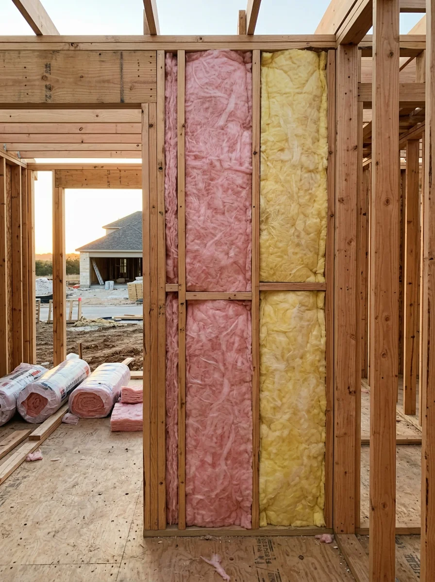 New construction home framing in a New Braunfels master-planned community with fiberglass batt insulation installed in exterior wall cavities before drywall.