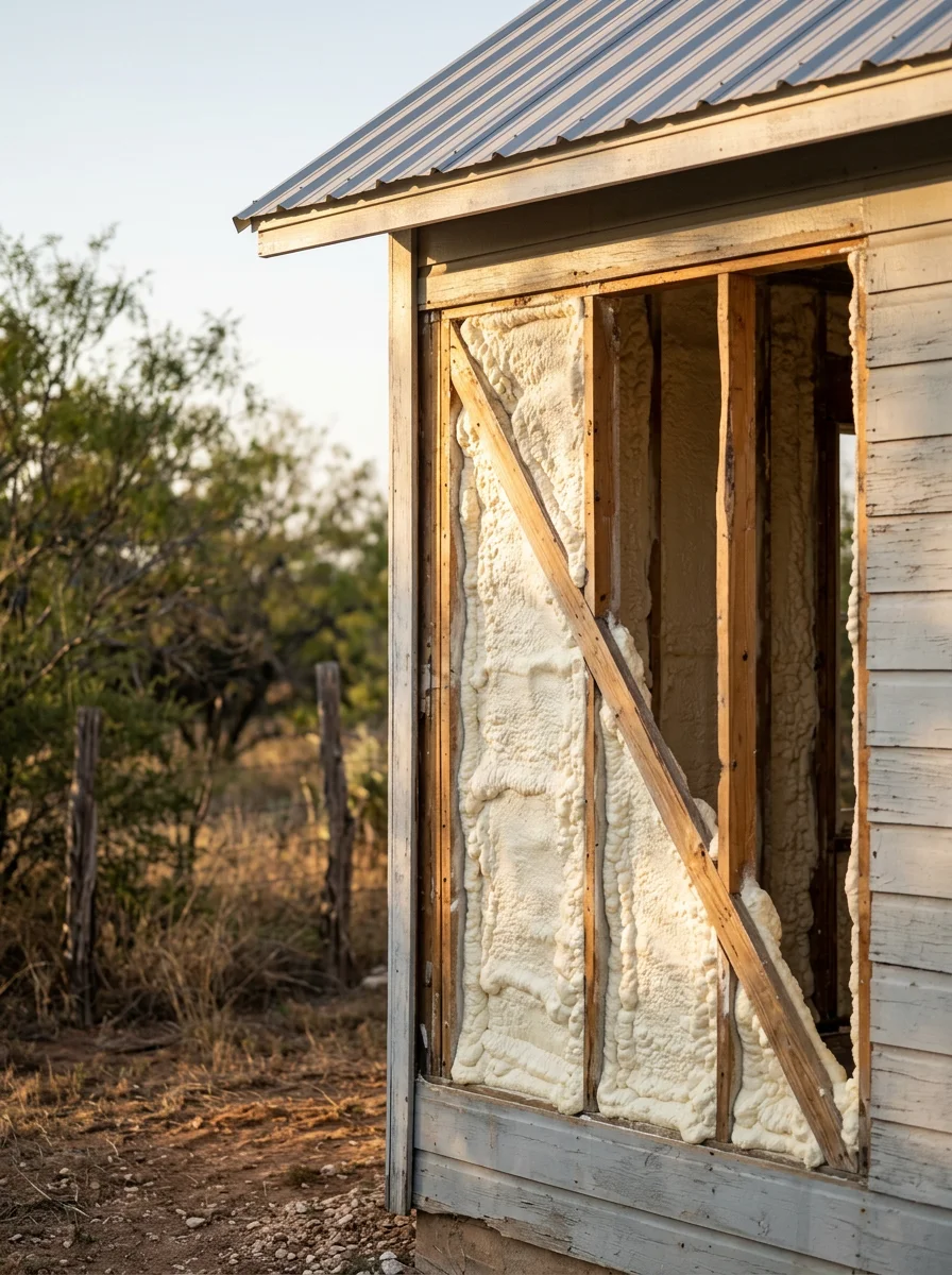 Rural South Texas home near Pleasanton with spray foam insulation applied to attic rafters and wall cavities, showing the foam's conforming coverage over non-standard wood framing.