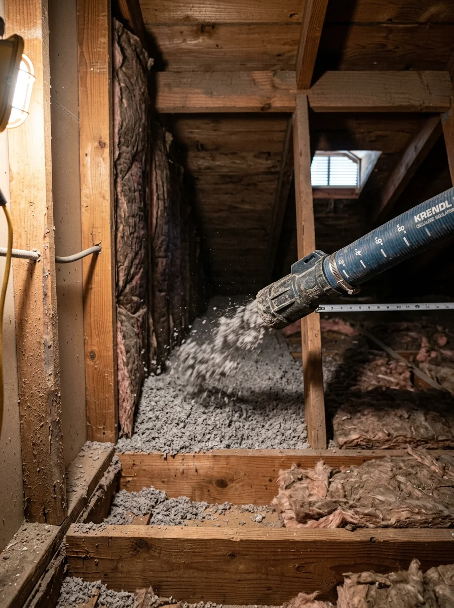 Close-up of a blow-in insulation nozzle filling an attic cavity in a 1970s-era San Antonio home, with depth markers visible in the background.