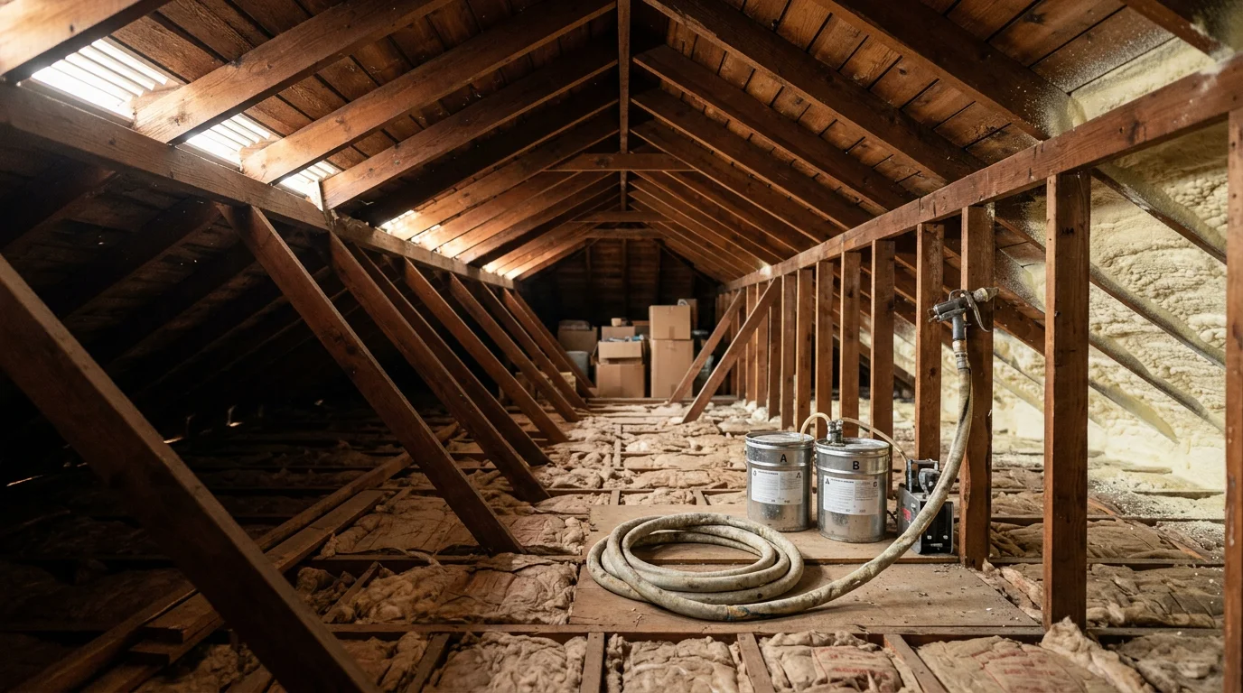 Insulation contractor applying spray foam insulation inside the attic of an older San Antonio single-family home, with exposed rafters and existing fiberglass batts visible.