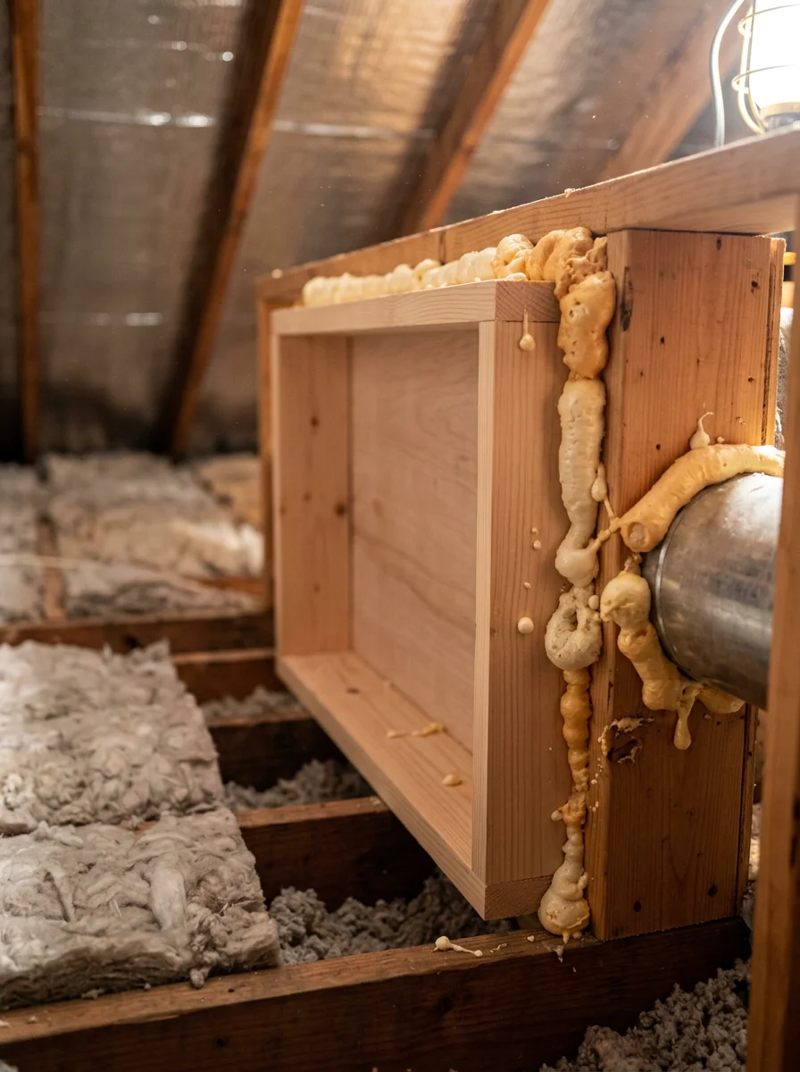 Spray foam insulation applied around HVAC duct penetrations and attic hatch framing in a Schertz production-built home to seal air leakage points.