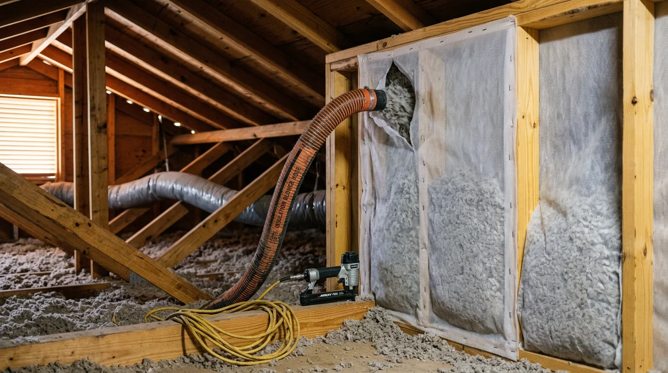 A San Antonio home attic floor covered with a thick, even layer of blow-in blanket insulation installed by Varela Insulation LLC. The insulation fills the space between joists with uniform depth and no visible gaps.