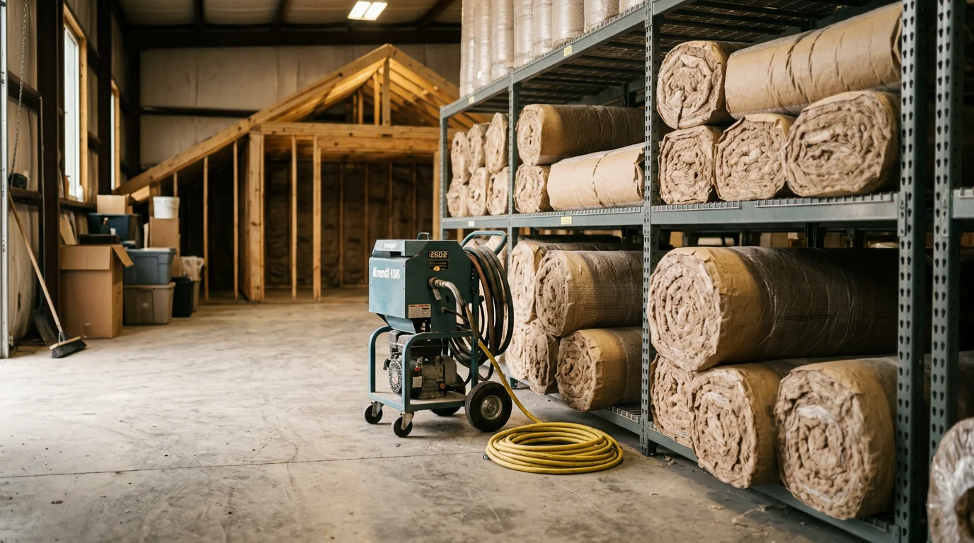 Blow-in blanket insulation material filling a wall cavity behind fabric netting in a San Antonio home during a retrofit project. The seamless coverage wraps around interior framing with no visible gaps.