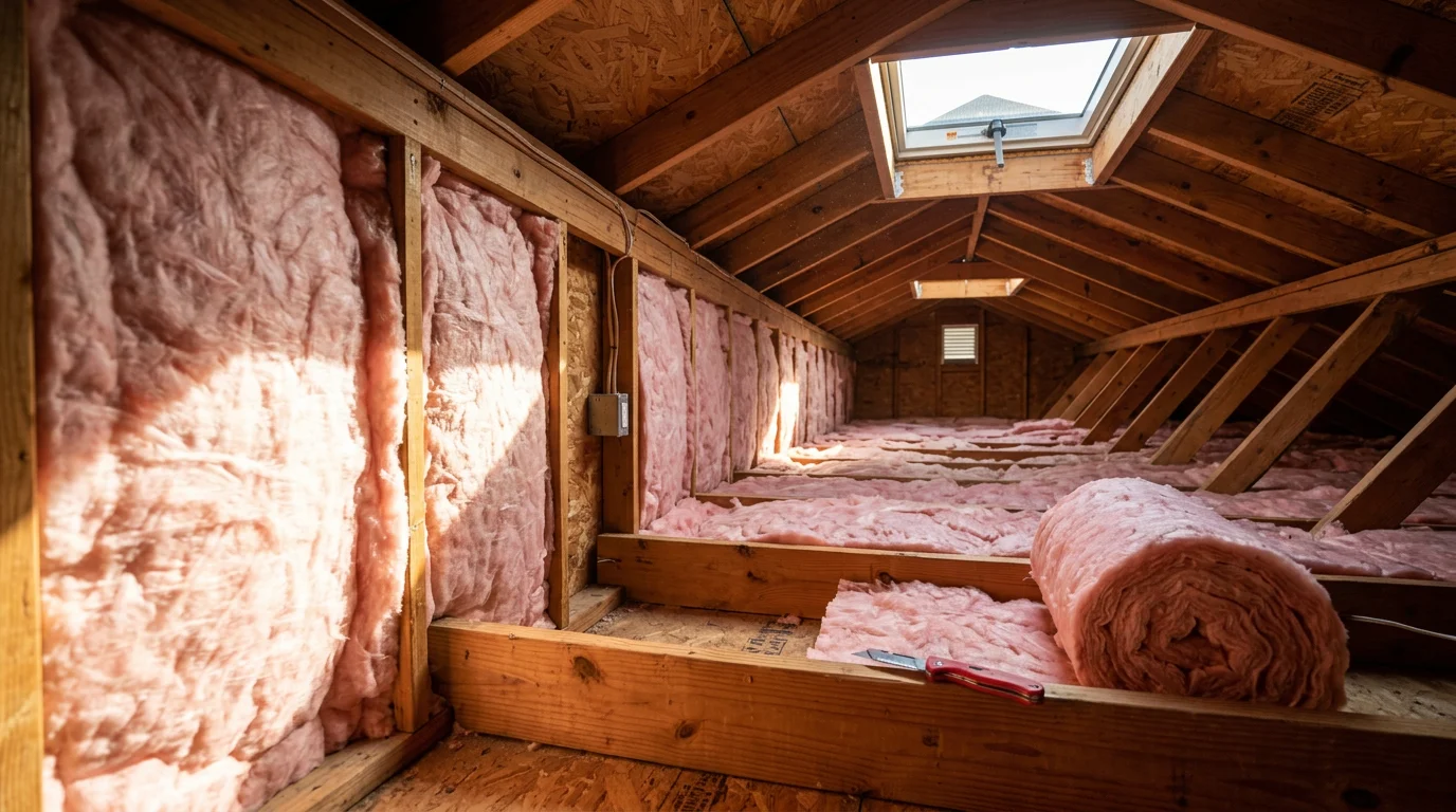 A Varela Insulation LLC installer placing fiberglass batt insulation between attic floor joists in a San Antonio home. The pink insulation blankets are laid flat and flush with the framing, with no gaps or compression visible.