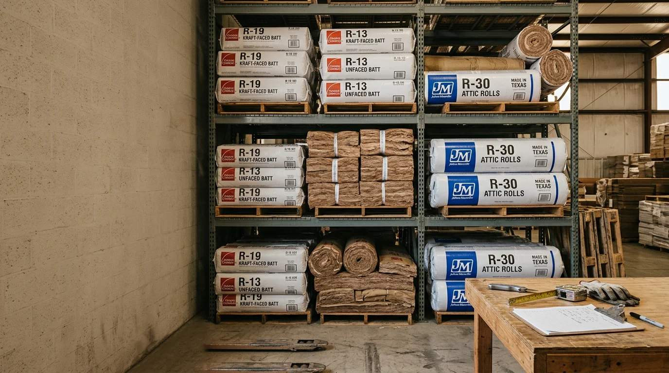 Rolls of fiberglass batt insulation materials stacked and ready for use in a residential wall framing project in San Antonio, Texas. Pre-cut panels are shown fitted between standard wall studs in a home under construction.
