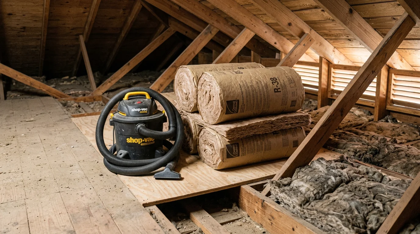 A San Antonio attic after insulation replacement, showing a uniform layer of fresh blown-in insulation covering the attic floor joists from wall to wall. The space is clean and clear with no visible gaps or compacted old material remaining.
