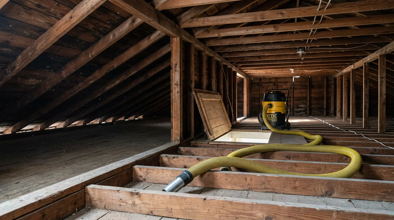 San Antonio attic with old blown-in insulation being extracted through a commercial vacuum hose into a sealed collection bag outside the home. The attic floor joists are visible and clear of debris after removal.
