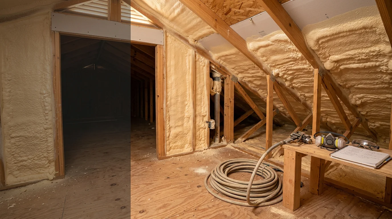Spray foam insulation being applied to the underside of a roof deck in a San Antonio home attic, with expanding closed cell foam covering the wood framing and creating a continuous white thermal barrier.